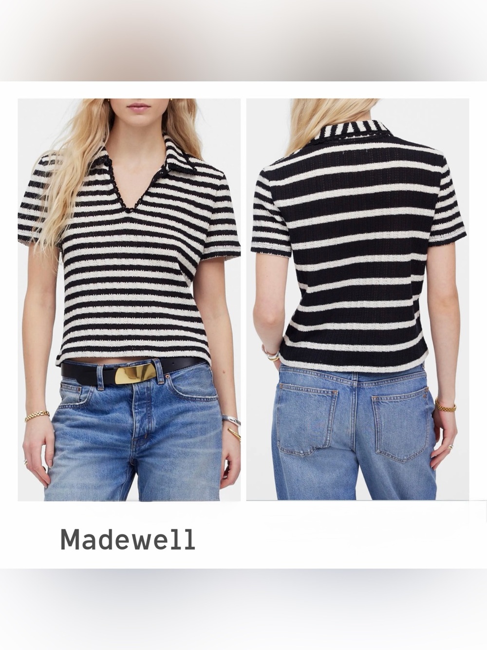Madewell Women’s Striped Knit Polo Short Sleeve Collared Blk/Wht Size Medium